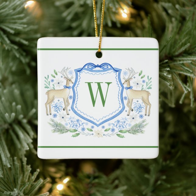 Ornamento De Cerâmica Berna de Aquarela Monograma Crest Natal (Árvore)