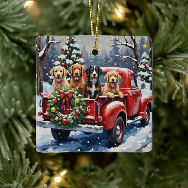 Ornamento De Cerâmica Bernedoodle Christmas Red Truck Holiday (Árvore)