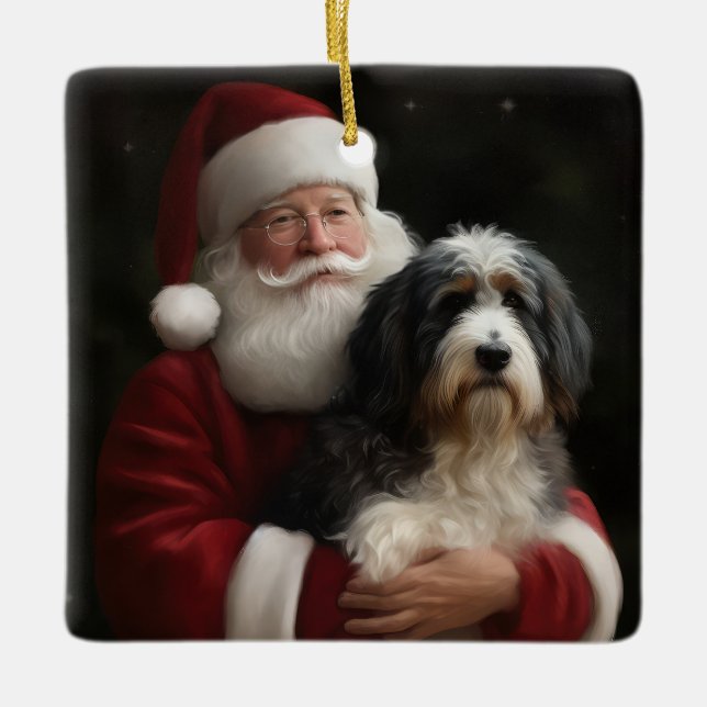 Ornamento De Cerâmica Bernedoodle com Papai Noel Natal Festivo (Frente)