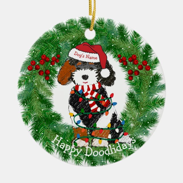 Ornamento De Cerâmica Bernedoodle de Luzes de Natal Personalizadas (Frente)