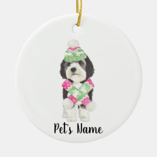 Ornamento De Cerâmica Bernedoodle Pink Personalizado e Natal Verde