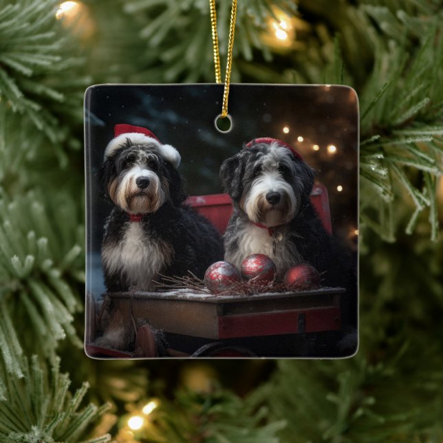 Ornamento De Cerâmica Bernedoodle Snowy Sleigh Decência de Natal (Árvore)