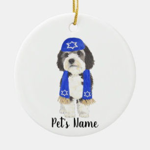 Ornamento De Cerâmica Bernedoodle Yarmulke Hanukkah - Azul personalizado