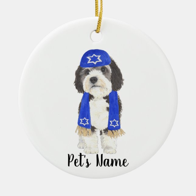 Ornamento De Cerâmica Bernedoodle Yarmulke Hanukkah - Azul personalizado (Frente)