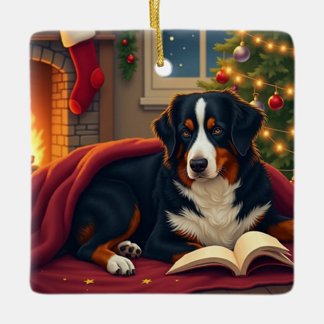 Ornamento De Cerâmica Bernese Mountain Dog Christmas Bedtime Story (Frente)
