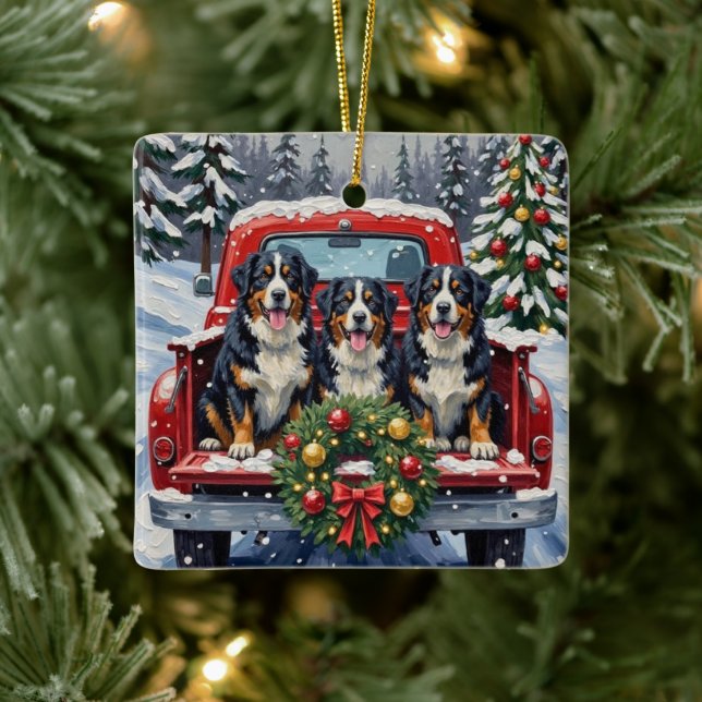 Ornamento De Cerâmica Bernese Mountain Dog Christmas Red Truck Holiday (Árvore)