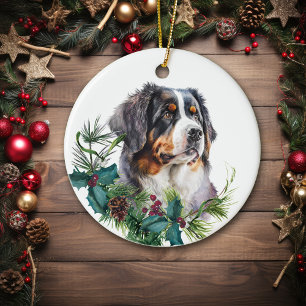 Ornamento De Cerâmica Bernese Mountain Dog - Retrato Holly Wreath