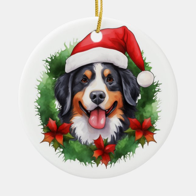 Ornamento De Cerâmica Bernese Mountain Dog Wreath Natal (Frente)