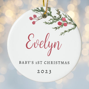 Ornamento De Cerâmica Berry Branch Baby Primeira Foto de Natal