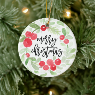 Ornamento De Cerâmica Berry Wreath Merry Christmas Watercolor