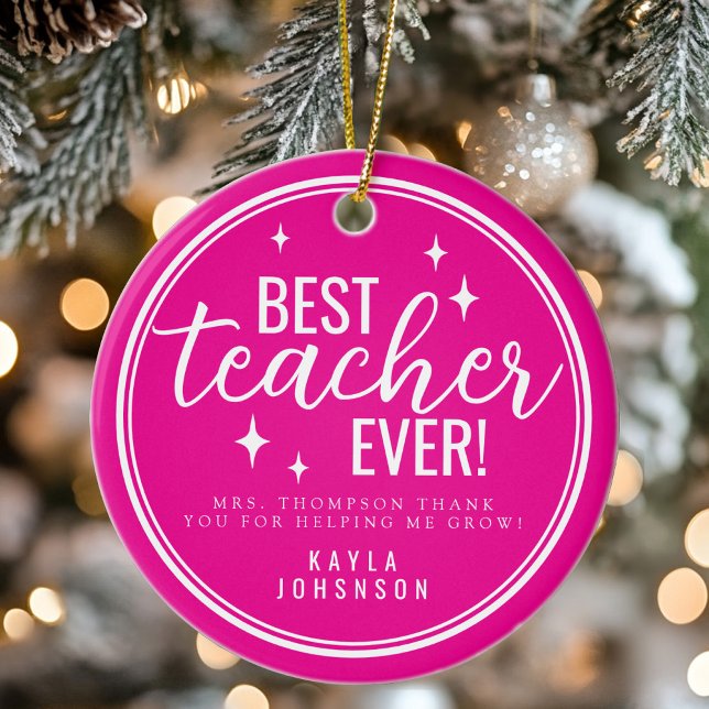Ornamento De Cerâmica Best Teacher Ever Pink Script Retro (Best Teacher Ever Pink Script Retro Ceramic Ornament)