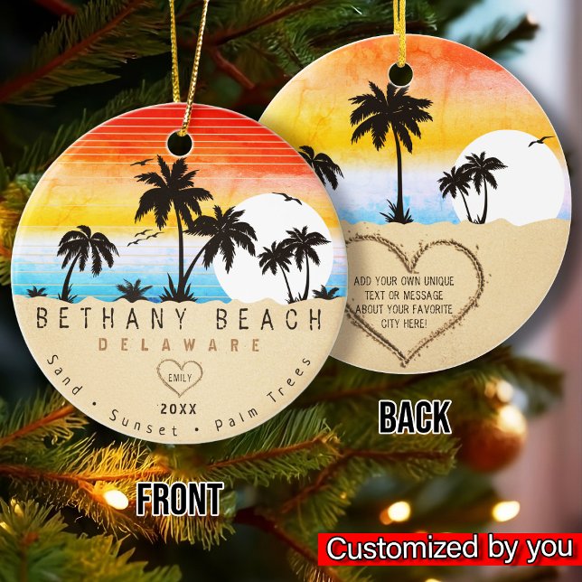 Ornamento De Cerâmica Bethany Beach Delaware Sunset Beach Palm Tree 80s (Criador carregado)