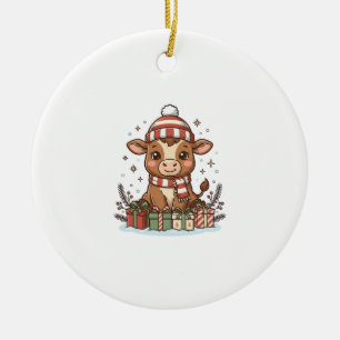 Ornamento De Cerâmica Bezerro de Natal Fofo Com Presentes Vetor Vintage_