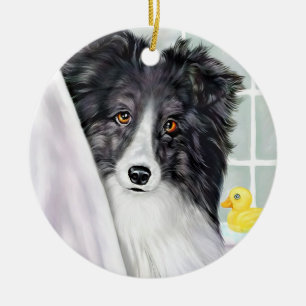 Ornamento De Cerâmica Bi Black Sheltie Bath