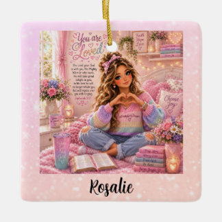 Ornamento De Cerâmica Bíblia Cristã Menina Rosa Pastel Bonito Arco-íris