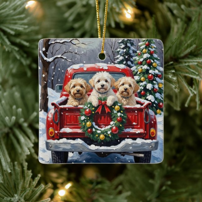 Ornamento De Cerâmica Bichon Frise Christmas Red Truck Holiday (Árvore)