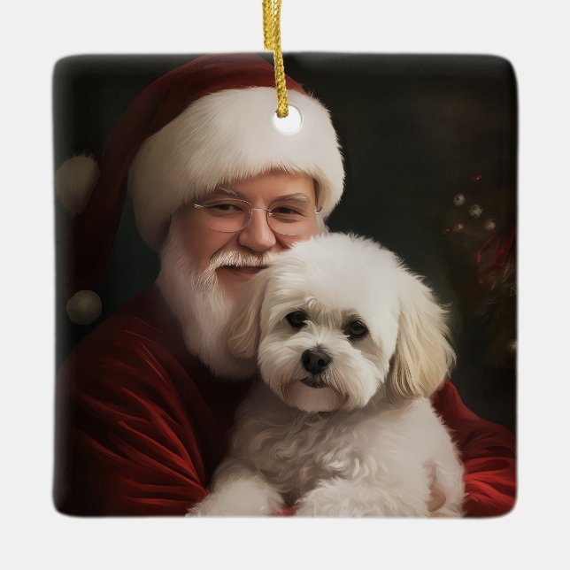 Ornamento De Cerâmica Bichon Frise com Papai Noel Natal Festivo (Frente)
