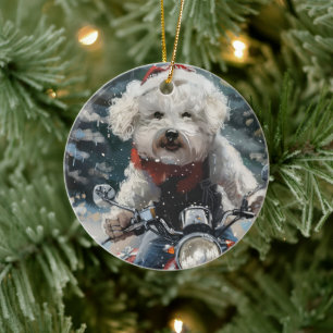 Ornamento De Cerâmica Bichon Frise Dog Andando Moto Natal