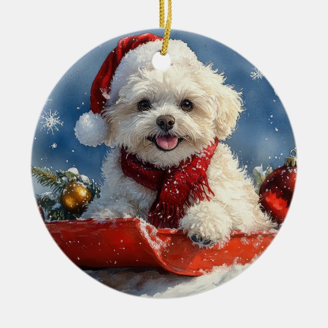 Ornamento De Cerâmica Bichon Frise Dog Sledge Deixe-o nevar no Natal (Frente)