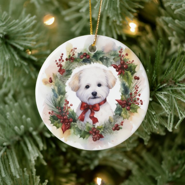 Ornamento De Cerâmica Bichon Frise Wreath Festivo Pup (Árvore)