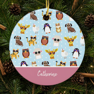 Ornamento De Cerâmica Bichos Cachorros nos Óculos Solares com Nome Natal