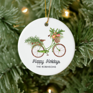 Ornamento De Cerâmica Bicicleta Floral de Natal em Aquarela