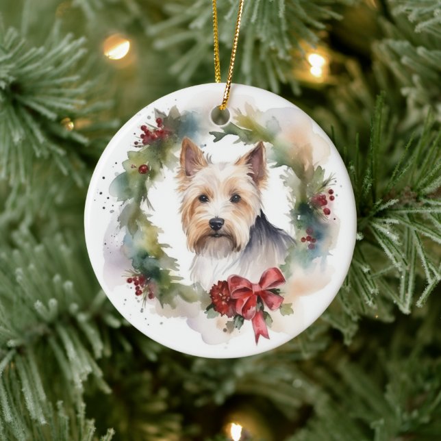 Ornamento De Cerâmica Biewer Terrier Christmas Wreath Festivo Pup (Árvore)