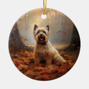 Ornamento De Cerâmica Biewer Terrier no Outono Folhas Caídas Inspiram