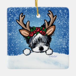 Ornamento De Cerâmica Biewer Yorkie Reindeer Cerâmica