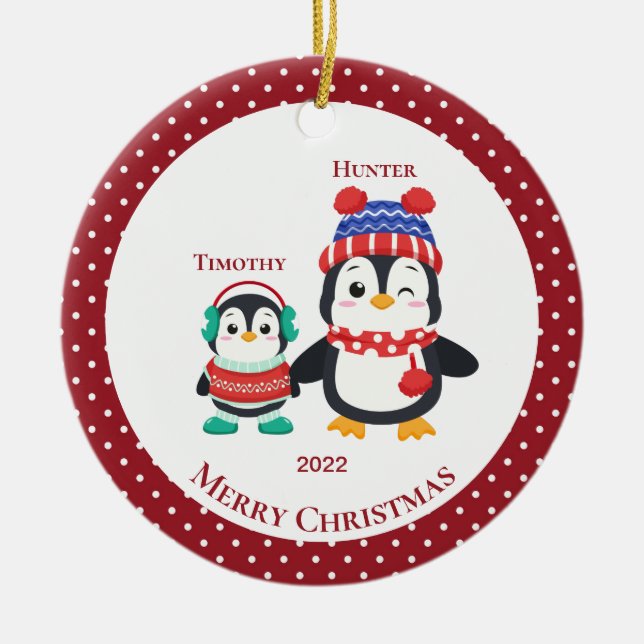 Ornamento De Cerâmica Big Brother & Lil, Irmão Penguin Personalizado (Frente)