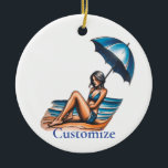 Ornamento De Cerâmica Bikini Girl Beach Nápoles Thunder_Cove<br><div class="desc">Bikini Girl Beach Napping sob um guarda-chuva de praia para personalizar</div>