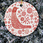 Ornamento De Cerâmica Bird Folk Art<br><div class="desc">Estilo de arte folclórica escandinava,  design floral festivo vermelho e branco. Arte original de Nic Squirrell.</div>