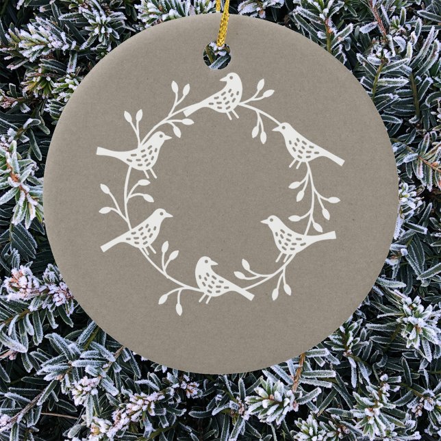 Ornamento De Cerâmica Bird Wreath White em Neutral Modern Scandi (Nordic Scandinavian bird wreath ornament)