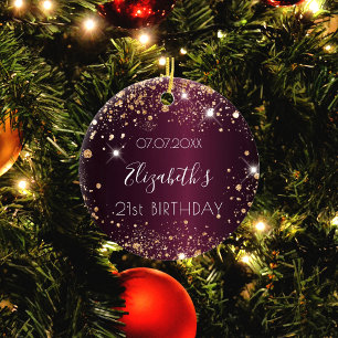 Ornamento De Cerâmica Birthday burgundy rosa gold glitch name elegan