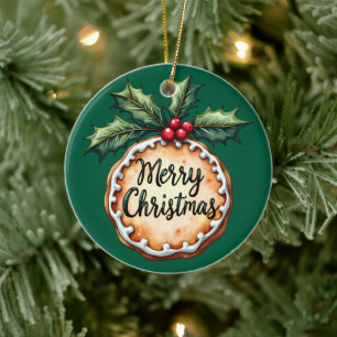 Ornamento De Cerâmica Biscoito de Natal Alegre com Frutas de Azevinho Ve