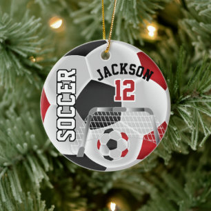 Ornamento De Cerâmica Black and Red Personalize Soccer Ball
