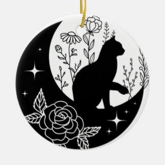 Ornamento De Cerâmica Black and White Cat Moon Window Suncatcher