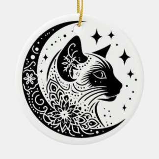 Ornamento De Cerâmica Black and White Cat Moon Window Suncatcher