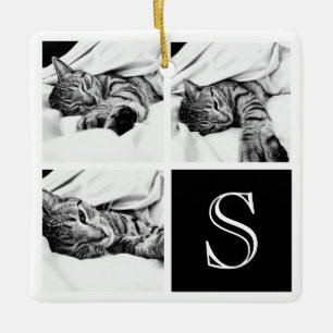 Ornamento De Cerâmica Black and White Instagram Photo Collage Monogram