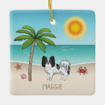 Ornamento De Cerâmica Black and White Papillon Dog Tropical Summer Beach<br><div class="desc">A ilustração original do desenho de Destei de um cão da raça Papillon, preto e branco, de raça casaco a cores, em pé numa cena de praia tropical de Verão. Na areia bege há uma palmeira, uma concha rosa junto com um starfish e um caranguejo vermelho. A água é azul...</div>
