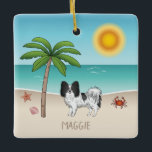 Ornamento De Cerâmica Black and White Papillon Dog Tropical Summer Beach<br><div class="desc">A ilustração original do desenho de Destei de um cão da raça Papillon, preto e branco, de raça casaco a cores, em pé numa cena de praia tropical de Verão. Na areia bege há uma palmeira, uma concha rosa junto com um starfish e um caranguejo vermelho. A água é azul...</div>