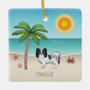 Ornamento De Cerâmica Black and White Papillon Dog Tropical Summer Beach