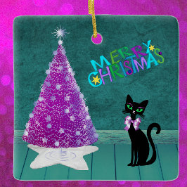 Ornamento De Cerâmica  Black Cat Bow by Pink Tree Teal Merry Christmas