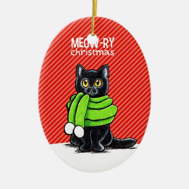 Ornamento De Cerâmica Black Cat Scarf Meow-ry Christmas (Frente)