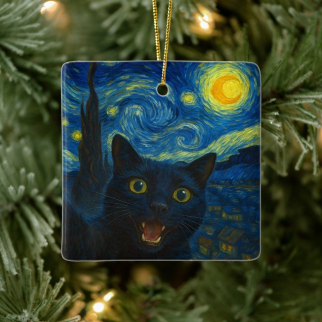 Ornamento De Cerâmica Black Cat Starry Night Van Gogh Cat Selfie (Árvore)