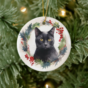 Ornamento De Cerâmica Black Cat Wreath Festivo Kitten