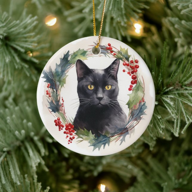 Ornamento De Cerâmica Black Cat Wreath Festivo Kitten (Árvore)