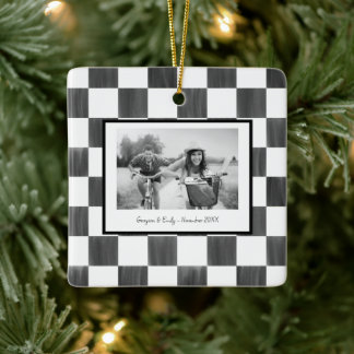 Ornamento De Cerâmica Black Checkerboard Personalized Photo