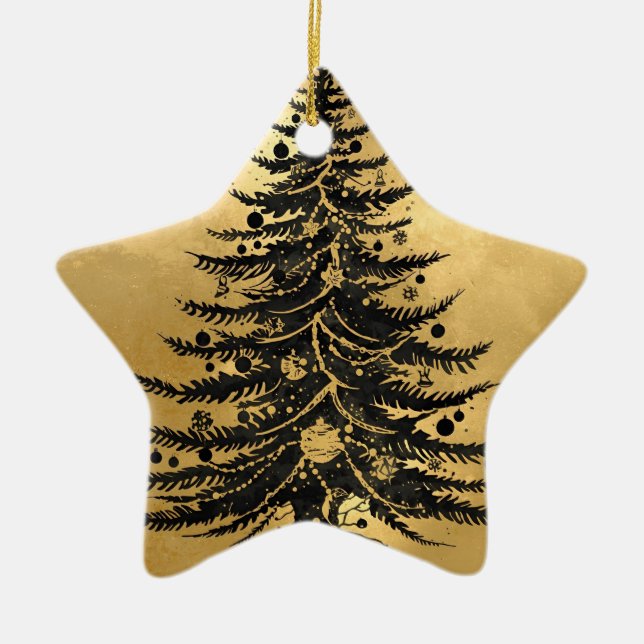 Ornamento De Cerâmica Black Gold Christmas Tree Ornament (Frente)