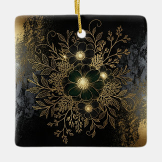 Ornamento De Cerâmica Black & Gold Floral Ornament with Luxe Metallic De